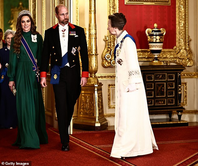 And here is the Princess Royal at the state banquet for the Nigerian president on Wednesday night... wearing the same coat 57 years later