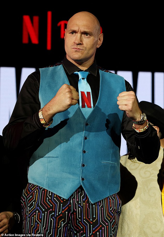 Fury is pictured here at a press conference at the Tottenham Hotspur Stadium in London on February 16, 2026, to promote his comeback fight against Arslanbek Makhmudov