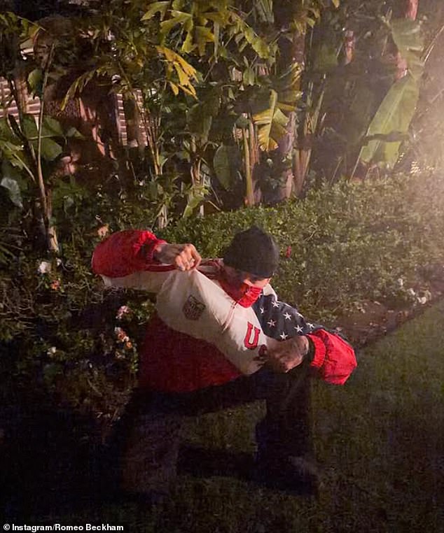 Younger brother Romeo, 23, is currently in LA working on a business collab. He shared a photo wearing a vintage USA windbreaker on Monday