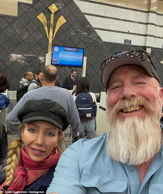 The Egglestons were able to return to the United States after taking a flight home from Athens, Greece. They are pictured here in the Greek capital