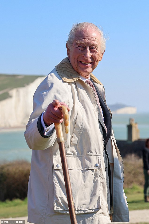 The King, 77, also joked with a group of cyclists that their e-bikes were ‘cheating!’ and told walkers he hoped he had not interrupted their peace and quiet