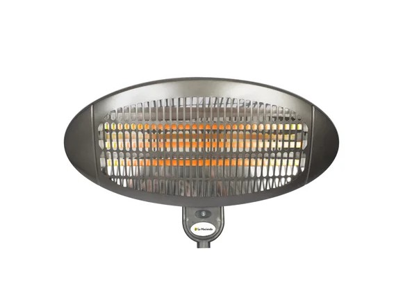 Oval shaped patio heater with glowing orange elements.