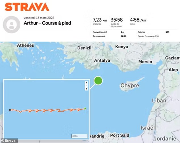 The crew member logged a 4.3-mile workout lasting around 35 minutes as he ran laps aboard the Charles de Gaulle while it sailed towards the eastern Mediterranean on March 13. Pictured: Anonymized post showing the race recorded at sea, March 13, 2026