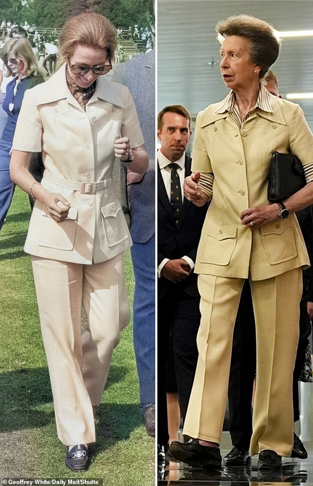 In November, Anne rewore a classic 70s safari-style trouser suit a staggering 52 years on from its royal debut. Pictured in 1973 (left) and in 2025 (right)