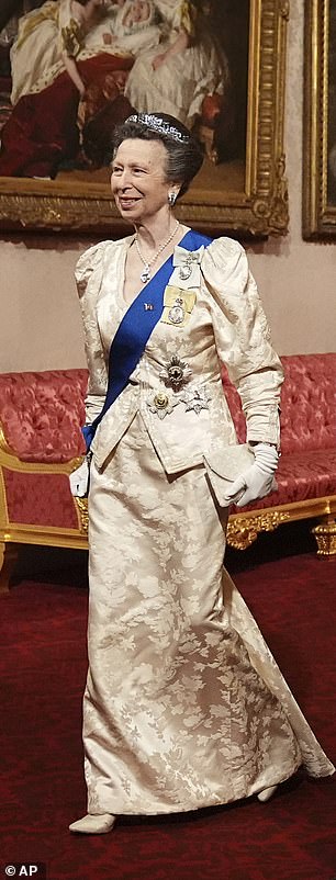 At a royal State Banquet in December 2024 (pictured), Anne opted for a retro evening gown and jacket that she was first seen wearing 39 years ago