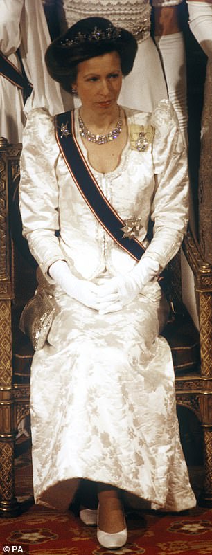 At a royal State Banquet in December 2024, Anne opted for a retro evening gown and jacket that she was first seen wearing 39 years ago (pictured)