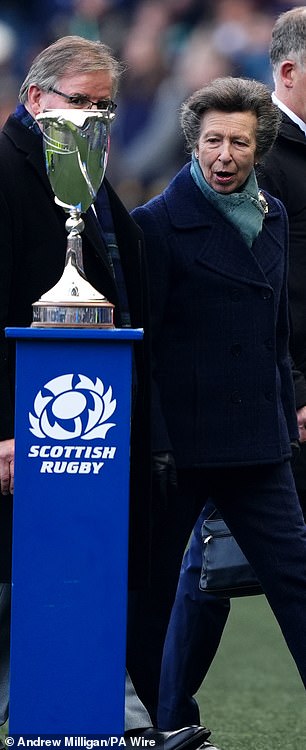 Princess Anne (pictured) was typically elegant in a double-breasted jacket in navy blue tartan and matching wide-leg trousers at the Scotland v Italy Six Nations match in 2025