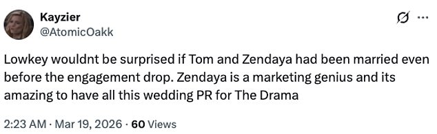 But now fans are convinced its all a ruse, given that her new film centres around a couple in the lead-up to their wedding