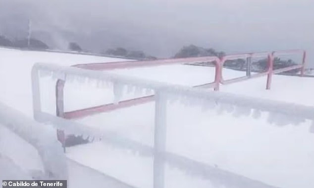 Footage shared by stunned tourists shows Mount Teide dusted in snow, transforming the usually sun-soaked island into a wintry landscape at higher altitudes