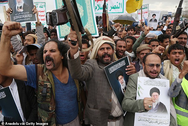 Thousands of people gather at Sabeen Square, under the control of the Iran-backed Houthis in Yemen, to protest the killing of Iran's leader Ali Khamenei