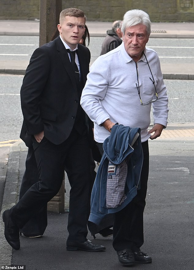 Hatton's son Campbell and his father Ray outside Stockport Coroner's Court this morning
