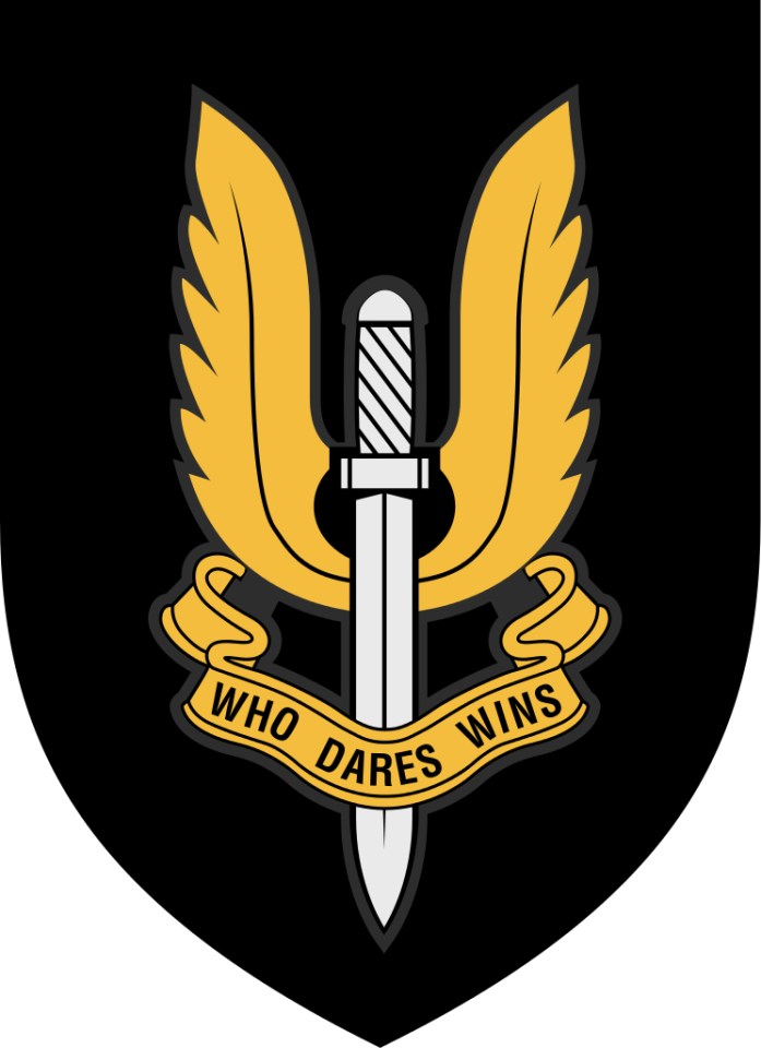 Illustration of the SAS insignia with a winged dagger and the motto "WHO DARES WINS".