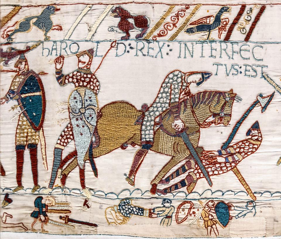 Illustration from the Bayeux Tapestry depicting the death of King Harold II at the Battle of Hastings.