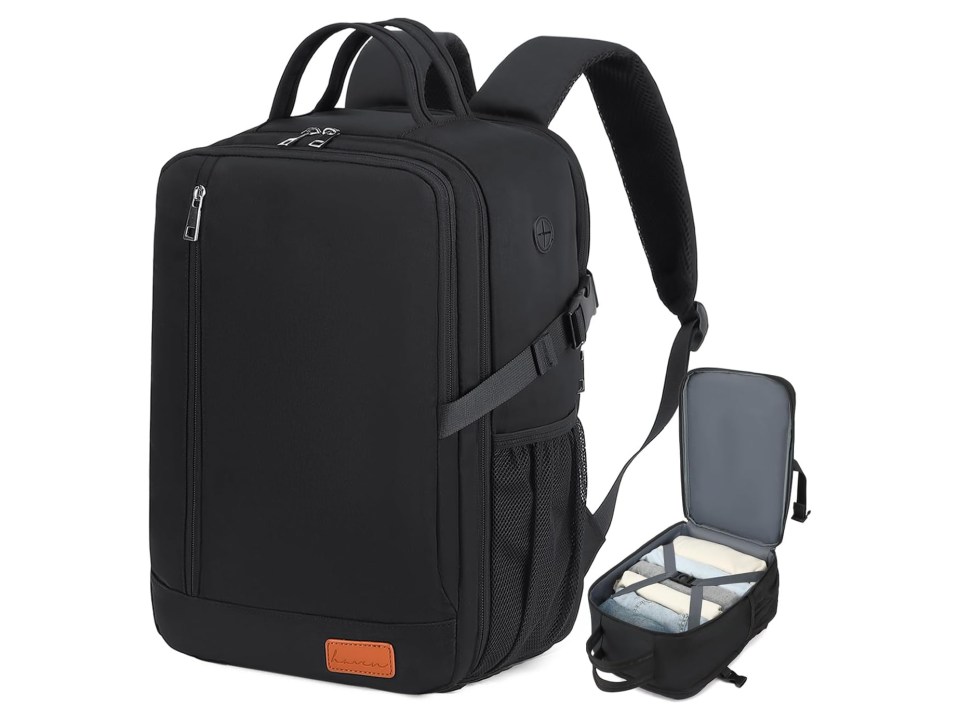 Black underseat cabin bag with an open compartment showing folded clothes.