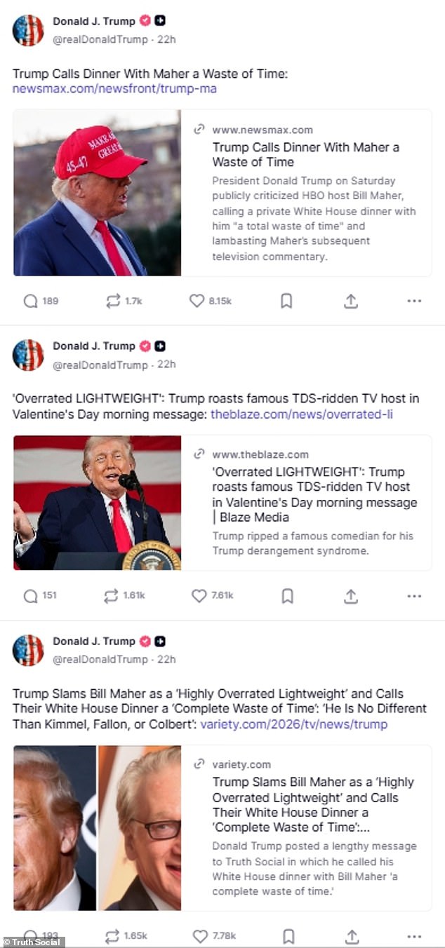 Donald Trump shared a series of posts on Truth Social saying he regretted inviting Bill Maher to the White House for dinner earlier this month