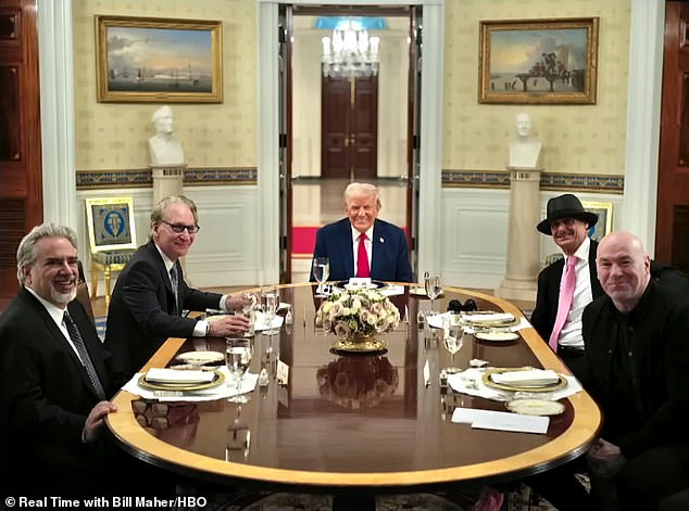 Maher attended a dinner last March at the White House alongside Trump, Kid Rock, and Dana White, pictured above