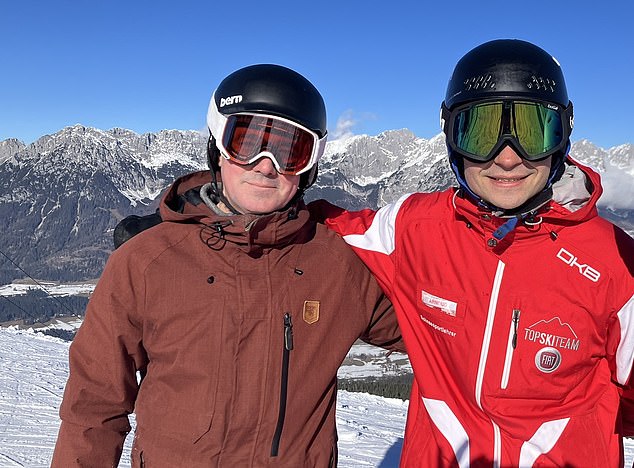 Simon Lambert, left, with instructor Arnoud, after a great morning snowboarding