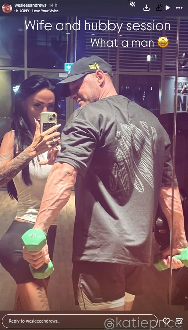 Lee later shared a mirror selfie of her and Lee at the gym captioned: 'Wife and hubby session. What a man [starry eyes]'