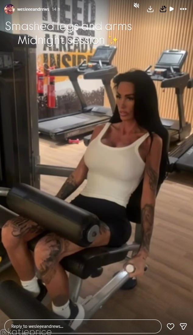 Meanwhile Lee shared a video of his new wife working out her legs on one of the machines, writing: 'Smashed legs and arms midnight session'
