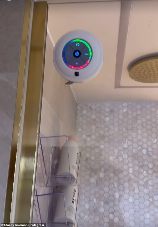 Stacey kitted out her bathroom in her £1.3million Essex home with a £2 shower lamp, £17 Bluetooth shower speaker, £40 shower shelf and £27 worth of fake candles