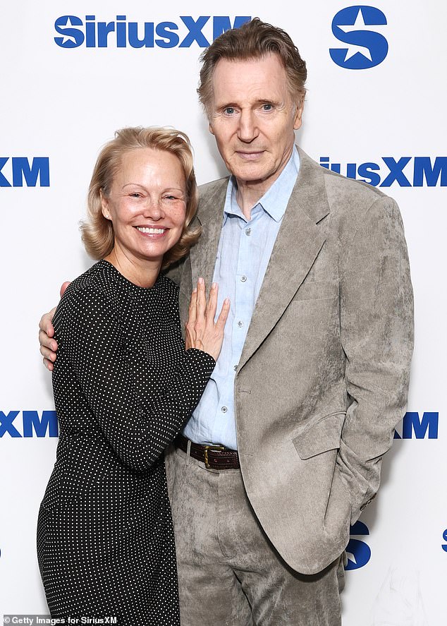 More recently Pamela Anderson and Liam Neeson made headlines after a series of loved up displays while on the promo tour for The Naked Gun (pictured in July)
