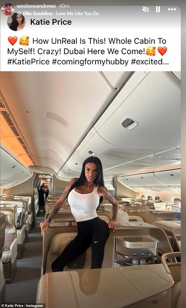 Katie Price bragged she had the whole cabin to herself on Instagram on Thursday while flying to war-torn Dubai to reunite with husband Lee Andrews