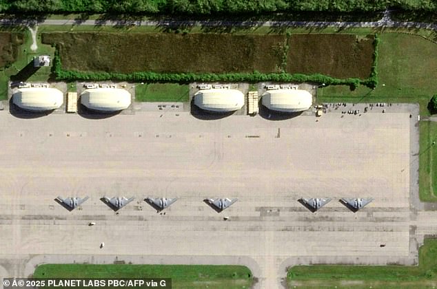 Six B-2 bombers seen on the apron of the US military base on Diego Garcia island, April 2, 2025