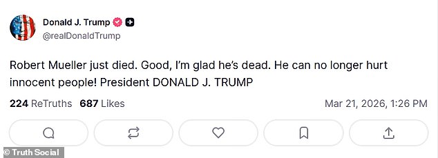 Trump was quick to react to the announcement Mueller died