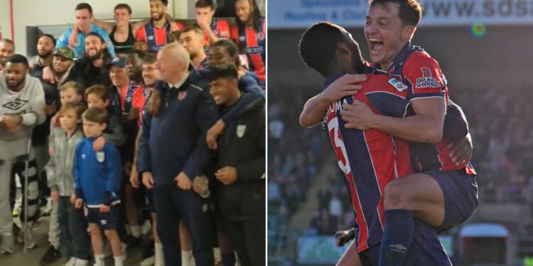 KSI watches as Andy Carroll seals epic first win as Dagenham boss with crazy wondergoal and celebrates in changing room