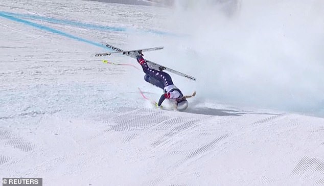 The skiing legend suffered a broken left leg after she crashed in the women's downhill