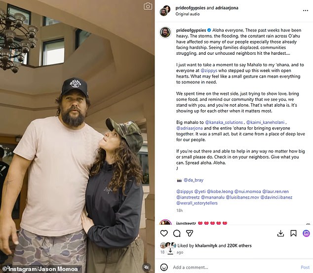 Jason Momoa, pictured with his girlfriend Adria Arjona, said that recent weeks had been 'heavy' for his home state