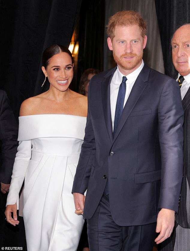 Prince Harry and Meghan (pictured) were stripped of automatic taxpayer-funded police protection on their visits to Britain after they chose to quit royal duties