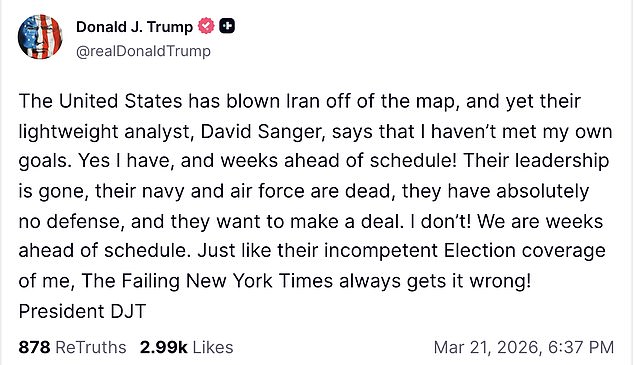 Trump made the explosive claim in a Saturday night post on X, declaring the US had 'blown Iran off of the map' and surpassed its military objectives 'weeks ahead of schedule.'