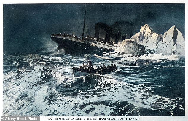 An illustratoin of the wreckage of the Titanic on April 10, 1912, and a lifeboat rowing out amid the icebergs