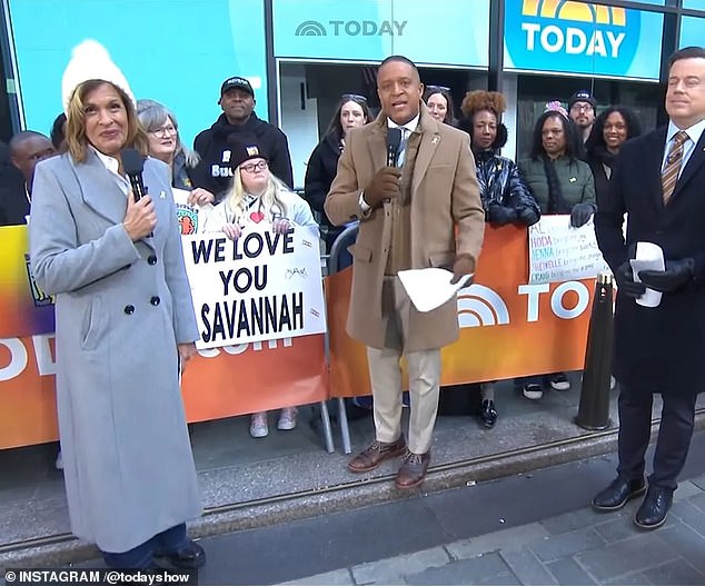 Savannah Guthrie reposted a clip from the Friday edition of the Today show. Hoda Kotb and Craig Melvin stood outside the Today show studios and talked to individuals with intellectual and developmental disabilities ahead of World Down Syndrome Day on Saturday