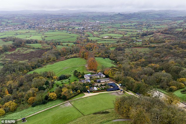 An aerial view showing Martin Clunes' house at the bottom and Theo Langton's woodland travellers site at the middle, directly above