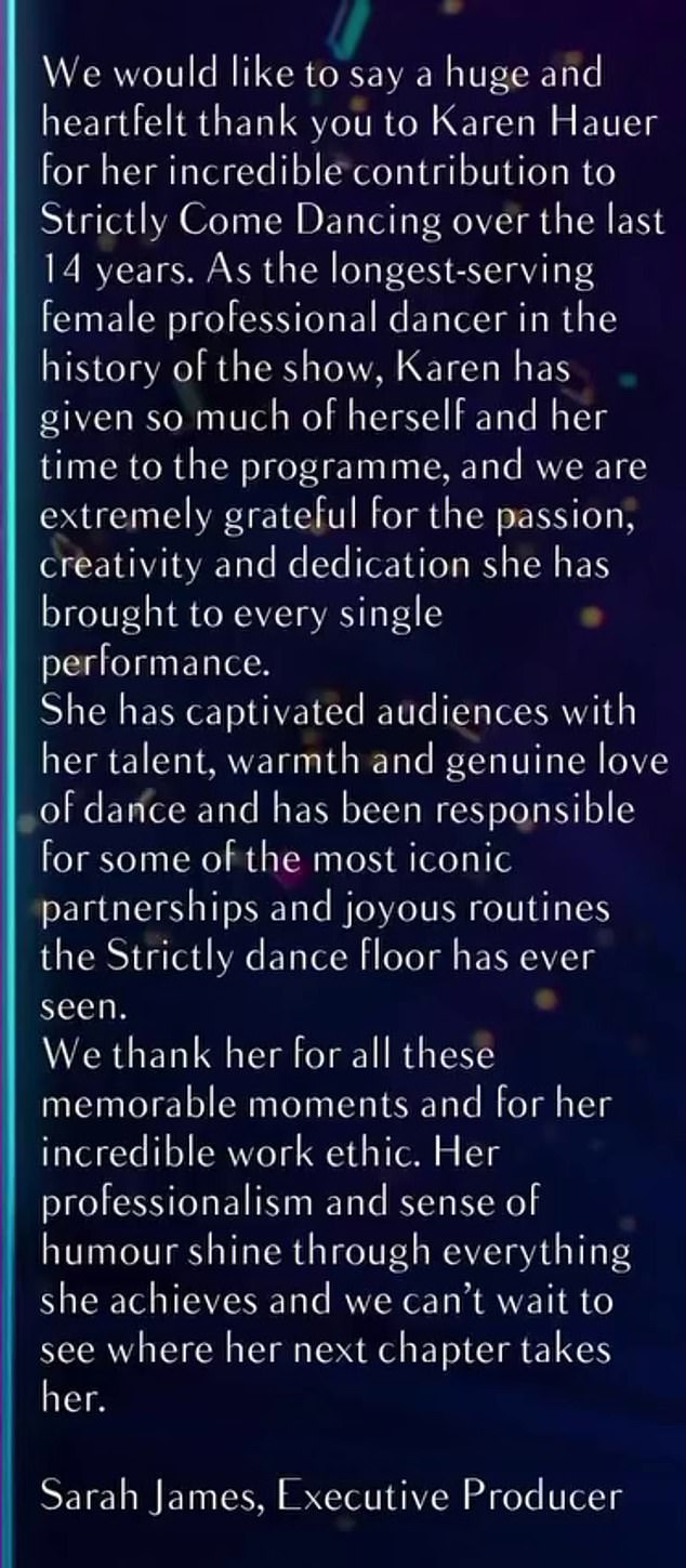 The message that she posted in tribute to axed dancer Karen Hauer
