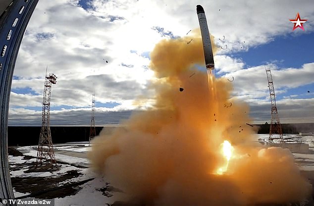 Russia's Sarmat-2 intercontinental nuclear missile, in a successful test launch on April 20, 2022