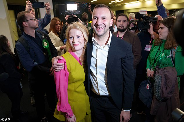 Ms Spencer with Green Party leader Zack Polanski after her election win