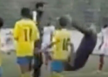 Horrifying moment Under-11s football coach HEADBUTTS referee as terrified kids watch on