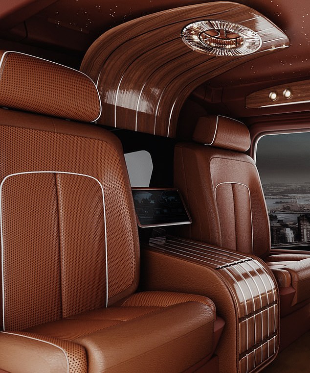 Another design by Aurora, this time featuring brown seating and luxurious polished wood touches on the ceiling