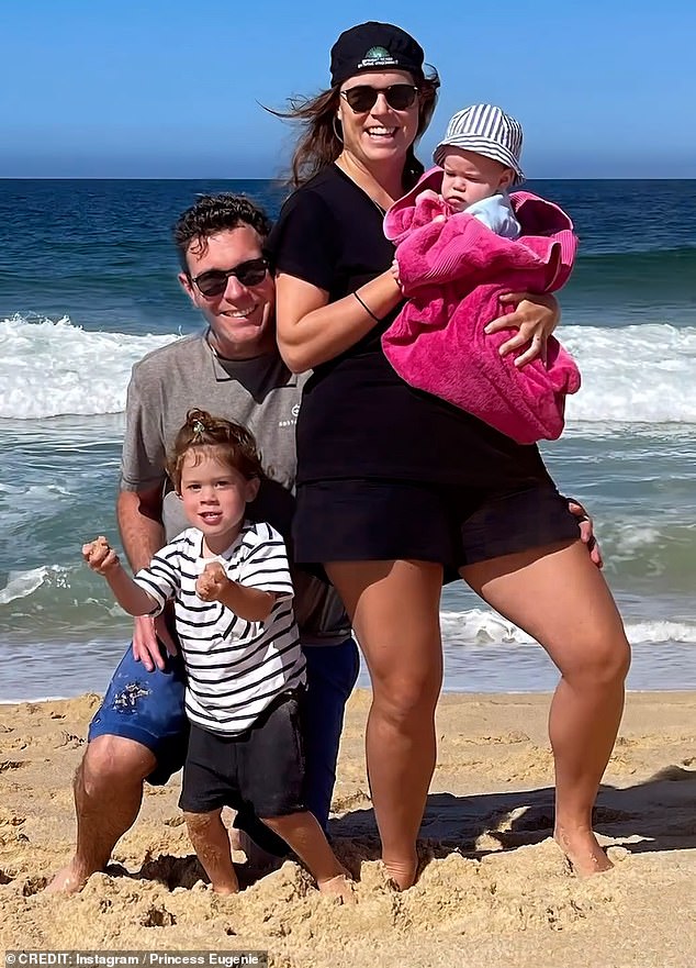Princess Eugenie's husband Jack Brooksbank is said to be standing by his wife amid the Epstein scandal – but refuses to allow Fergie to move into their home. Pictured: Jack, Eugenie and their two children, August and Ernest