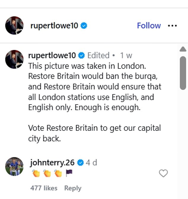 Terry commented on a social media post from MP Rupert Lowe calling for the policy