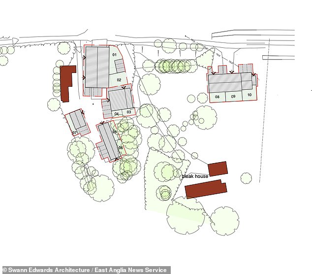Pictured: The five barns - each containing between one and three proposed homes - circled in red. Bleak House - where Mr Martin killed an intruder in 1999 - is coloured in red, as is a further dilapidated cottage