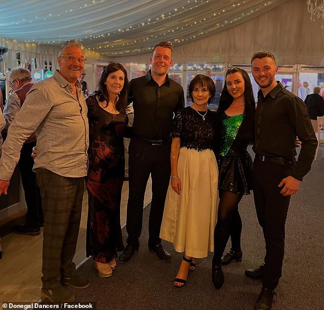 Enya (third from right) was last seen last May as she enjoyed a rare night out at a wedding in Donegal, northwest Ireland