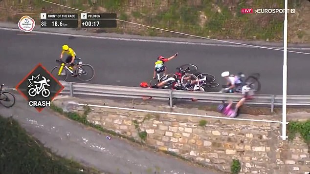 In her efforts to avoid a pile-up, Silvestri (in pink bottom right) tumbled over a roadside barrier