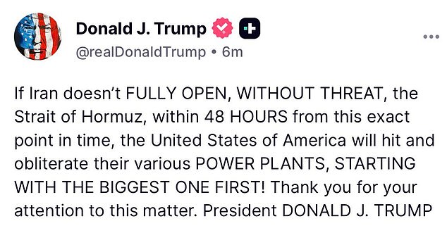 Mr Trump delivered his ultimatum to Iran in a post on his Truth Social site last night