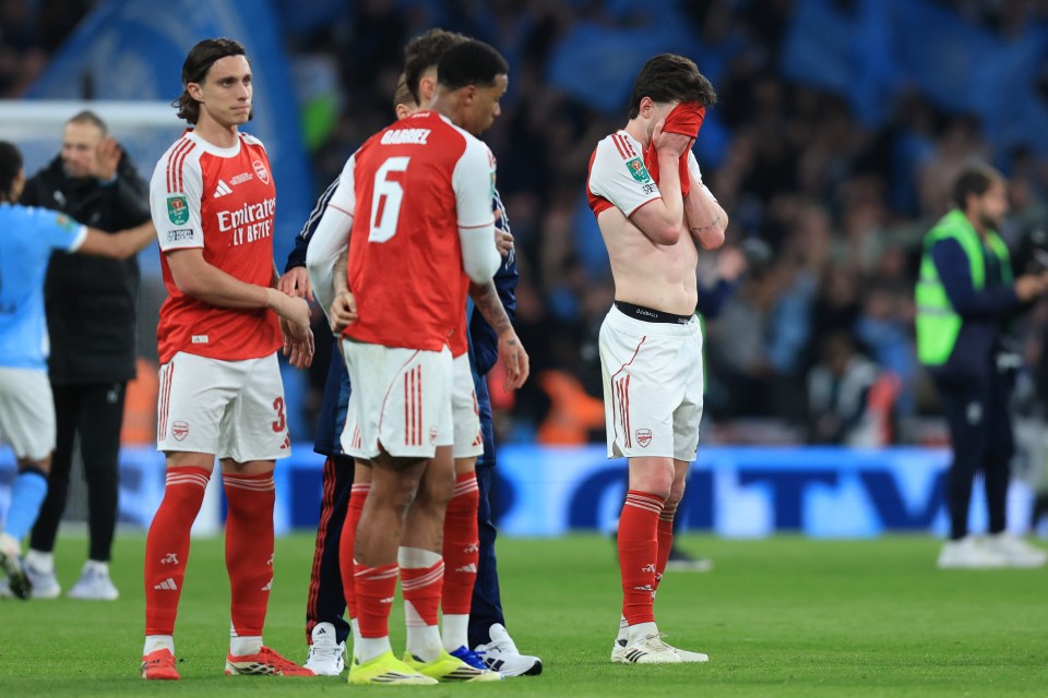 Declan Rice of Arsenal reacts after the Carabao Cup Final match against Manchester City.