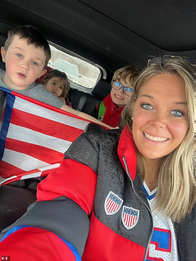 Pierce is pictured with her children while adorned in Team USA hockey apparel