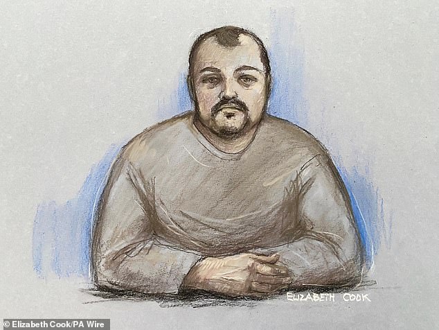 A court sketch of Russell appearing via video link at Newton Aycliffe Magistrates' Court facing charges of Huntley's murder